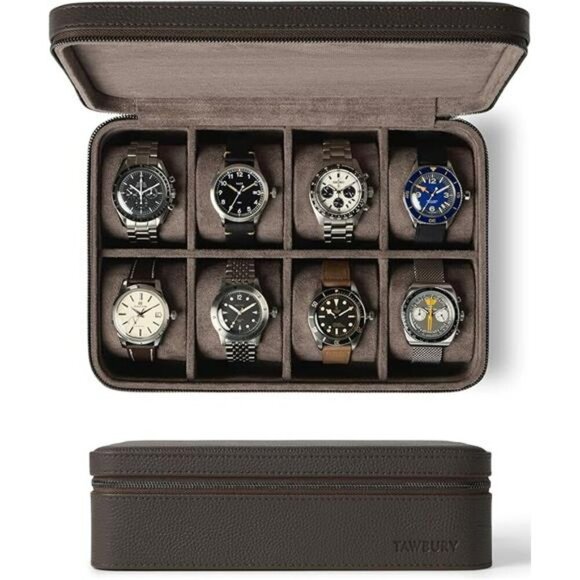 Tawbury Leather Watch Case 8 Slot Travel Watch Box with Zipper Brown - Picture 8 of 8